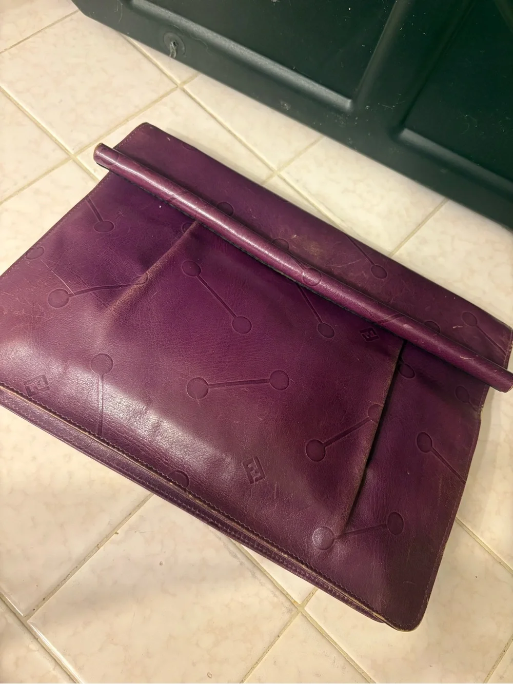 Fendi Purple Fold-Over Leather Clutch with Embossed Dot Motif preloved